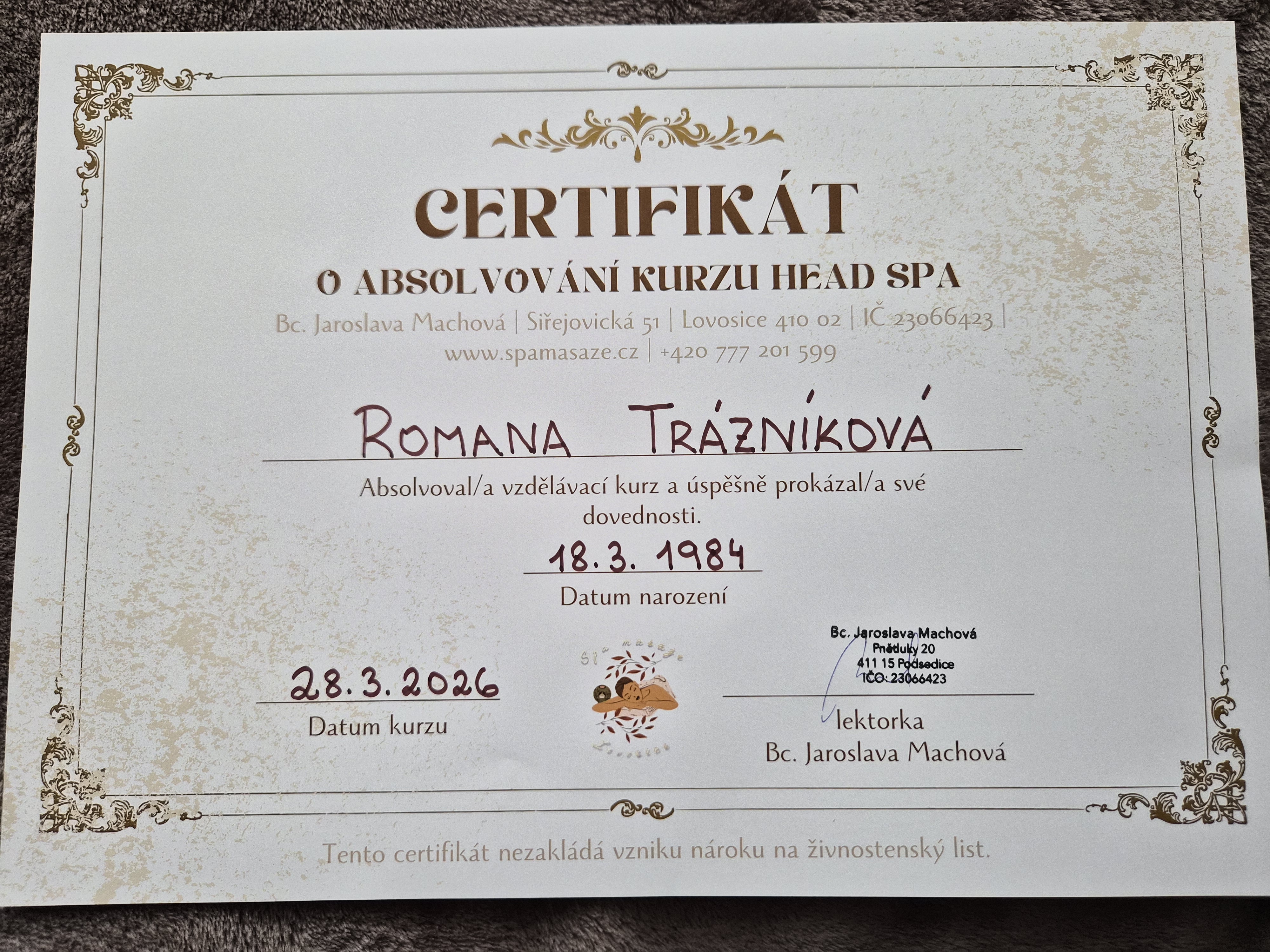 Certifikát o absolvování kurzu Head Spa