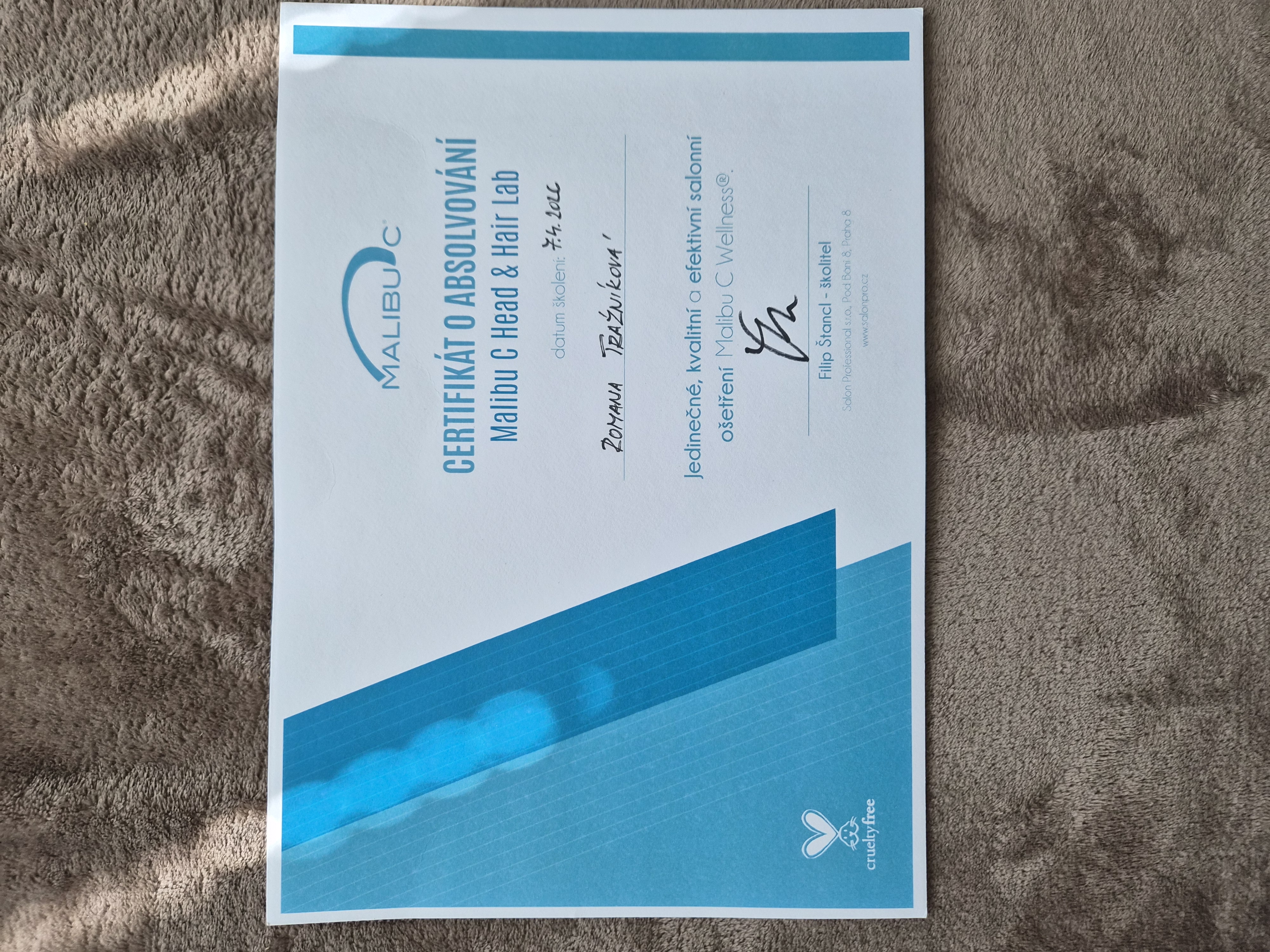 Malibu C Head & Hair Lab certifikát