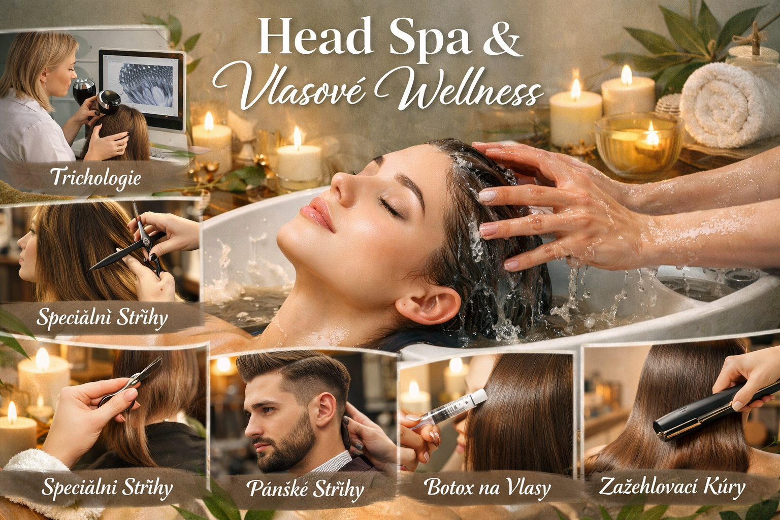 Head Spa & Vlasové Wellness, trichologie, speciální střihy, botox na vlasy, zažehlovací kúry